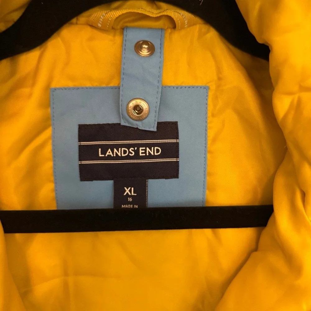 Lands' End Waterproof Jacket Kids XL 16 Blue Yellow Color-Block Hooded Insulated